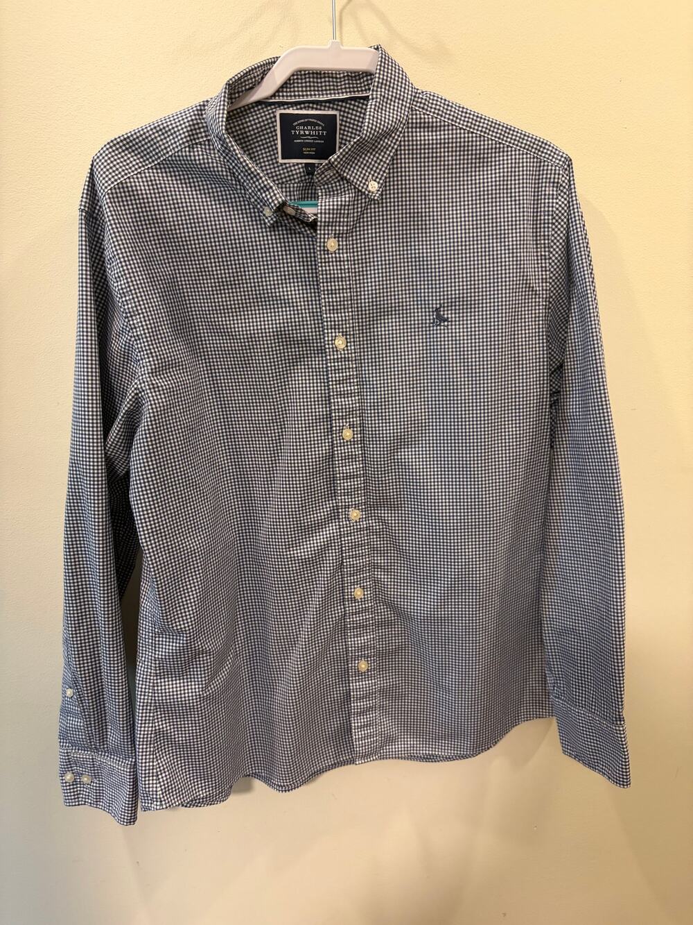 Charles Tyrwhitt Gingham Shirt | Navy & White | Slim Fit Non-Iron | Size L 🇬🇧